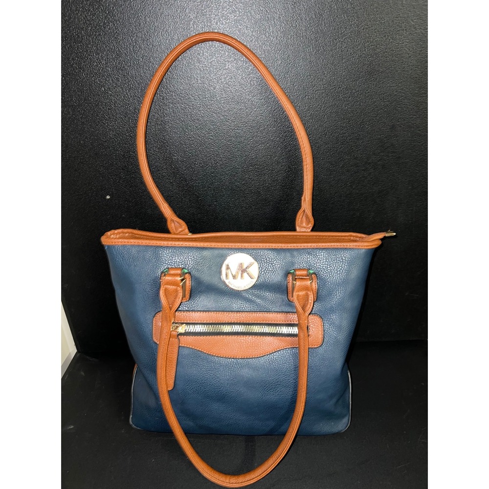 Michael Kors Navy Blue Cognac Brown Pebbled Leather Tote Bag Gold MK Logo Purse - Picture 2 of 5